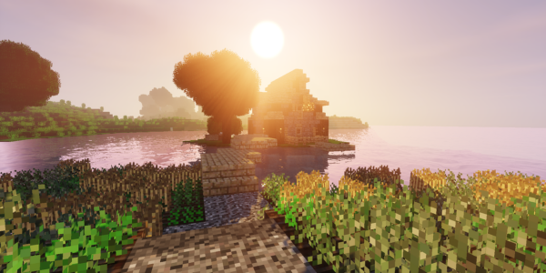 a picture of a Minecraft house with a sun behind it and a farm in front of it, to depict the Spring to Life update and the changes it brings to the environment