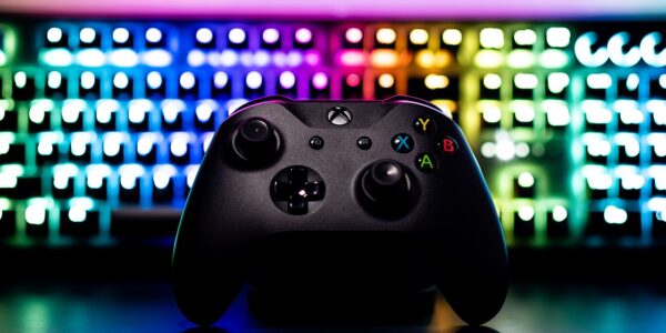 a RGB lit keyboard behind a black X Box controller used to play Assassin's Creed Shadows